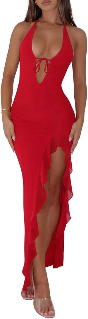 Women Sexy Halter V Neck Maxi Dress Mesh Ruffle Hem Bodycon Backless High Slit Cocktail Party Wedding Guest Dresses (Large, Red)