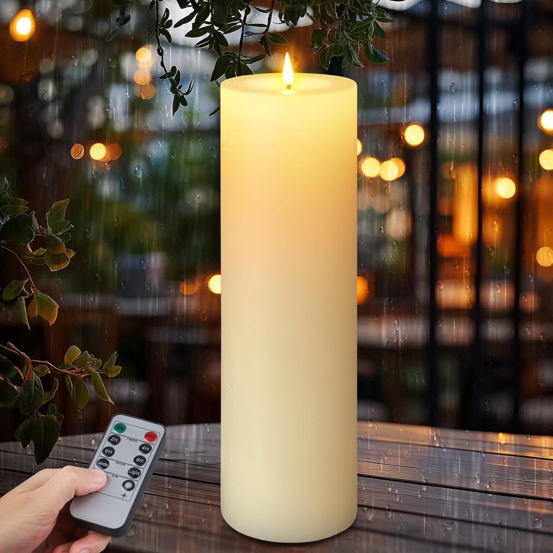 14" x 4" Large Outdoor Candles, Waterproof Flickering LED Flameless Candles with Timer, Battery Operated Candles with Remote Control Realistic Fake Pillar for Patio Porch Lanterns, Ivory 1 Pack