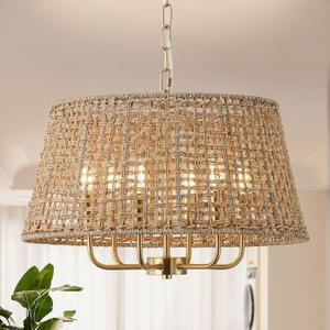 20" Rattan Large Boho Chandelier Ceiling Light Fixture, 6-Light Farmhouse Wicker Hand-Woven Chandelier Rattan Ceiling Pendant Light Fixture for Dining Room Bedroom Hallway Kitchen Island(Gold)