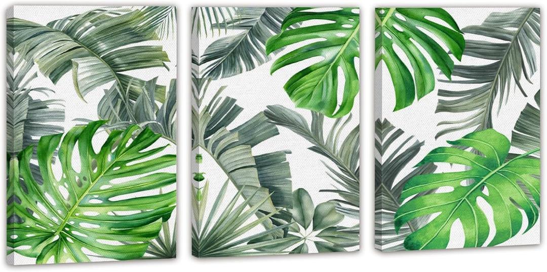 EAHunt Tropical Leaves Canvas Wall Art, Green Palm and Monstera Print,Nature Picture Plant Poster Botanical Wall Decor for Livingroom Modern Home Decor 12"x16"x3 Piece Set