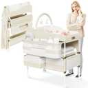 Portable Baby Changing Table with Wheels - Modern Dresser Changing Tables w/Hanging Toys, Laundry Bag, Changing Table Organizer Boxes - Folding Waterproof Baby Diaper Changing Station for Nursery (Cream and gold)