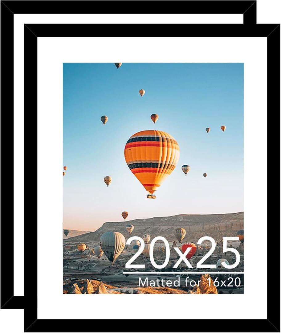 JCJMY 20x25 Picture Frame with 16x20 Mat Set of 2, Display Photo 16x20 with Mat or 20 x 25 Without Mat, Wall Hanging Large 20 by 25 Poster Frame with Plexiglass, 2 Pack, Black