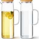 Hsei 2 Sets Glass Pitcher with Lid, 50 oz / 1500 ml Water Carafe with Handles Hot Cold Beverage Water Jar Glass Jug for Tea Juice Milk Coffee Iced Beverage