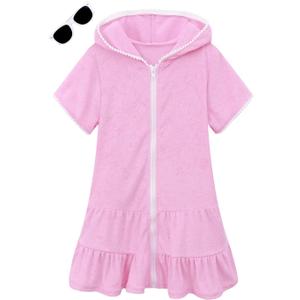 LUCKYGAL Girls Swim Cover Up Kids Swimsuit Coverup Terry Zip-Up Beach Bathing Suit Wraps with Sunglasses (6-7 Years, Pink)