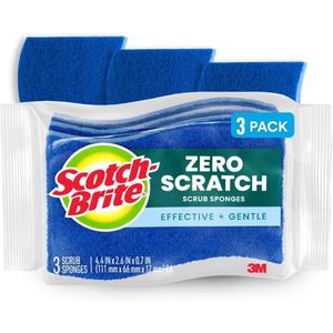 Scotch-Brite Zero Scratch Scrub Sponge, 3 Kitchen Sponges for Cleaning Around the Home, Bathroom & More, Effective + Gentle Dish Scrubber, Best for Nonstick Pots and Pans, Safe on Most Surfaces