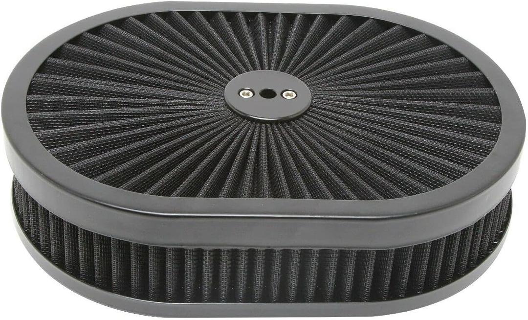 Super Flow Oval 12''X2'' Air Filter Assembly Kit Black Element and Anodized Base Washable and Reusable Replacement V8 Air Cleaner with Mounting Stud and Wing Nut Kit for Chevy Frd