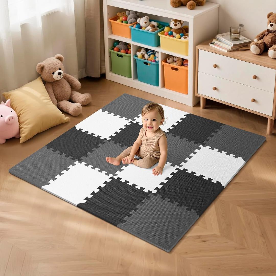 16 Pcs Baby Play Mat for Floor, EVA Foam Baby Play Mat with 0.6 Inch Thick Interlocking Carpet Tiles, Foam Floor Tiles for Babies 6-12 Months, Toddlers and Kids, Grey-White-Black