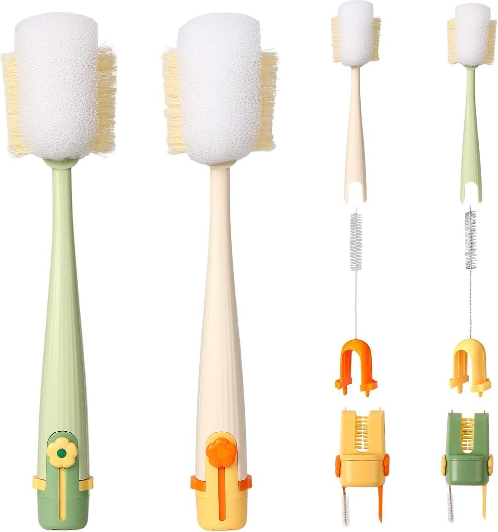 5-in-1 Bottle Cleaning Brush Set, Multifunctional Kitchen Lid Scrubber with Long Handle, Portable Brush Tools for Cups, Hard Bristle Sponge Head(2 Pack)