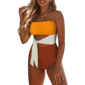 Viottiset Women's Bandeau One Piece Swimsuit Strapless Tie High Cut Out Bathing Suit (M)