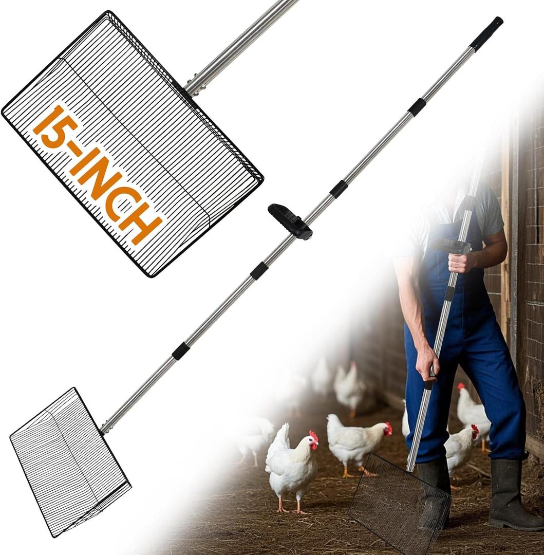 15" Extra Large Chicken Coop Scooper Heavy Duty Stainless Steel Adjustable Handle (24"-76") Chicken Poop Rake, 5 in 1 Dual-Use Sifting Shovel for Chicken Poop & Litter Cleaning Tool