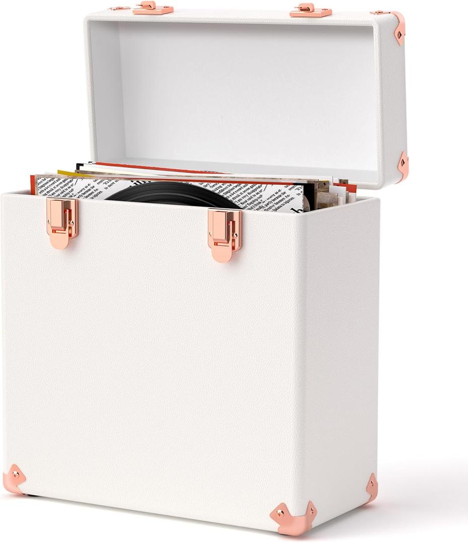 Vinyl Storage and Carrying Case - Waterproof LP Caddy, Dustproof Portable Organizer, Collector's Showcase - Holds 50 7-12 Inch Records - Ideal for Theater Rooms and Rare Collections (White)