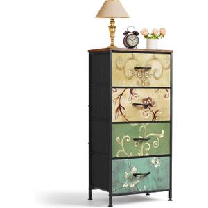 4 Drawers Dresser for Bedroom Fabric Storage Tower with Wooden Top | Steel Frame Tall Chest of Drawers for Closet, Entryway, Dorm, Floral Painted