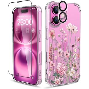 for iPhone 16 Case,[3 in 1] with Screen Protector & Camera Lens Protector, Flower Pattern Design,Clear Soft Shockproof Slim Floral Phone Cover for Women Girls 2024 6.1"(Mallow/Pink)