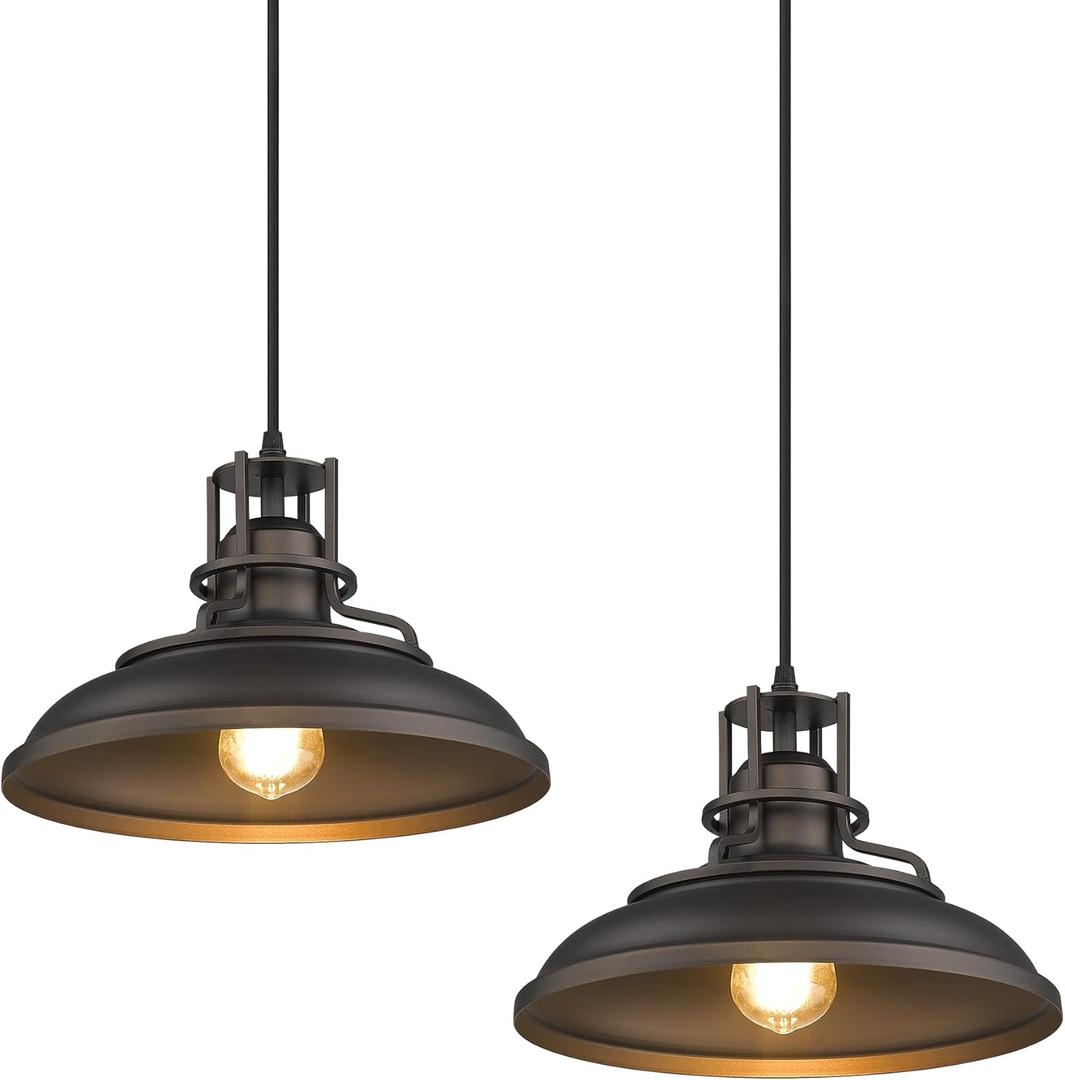 FEMILA Industrial Pendant Lights Fixture,2 Lights Farmhouse Hanging Lights for Kitchen Island,12 inch Oil Rubbed Bronze Finish,4FY15-MP-2PK ORB