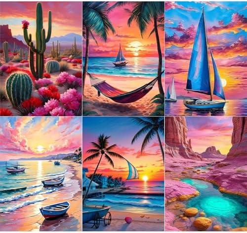 T.HENV Diamond Art Kits for Adults, 6 Packs Summer Beach Daimond Paint by Numbers Kit for Adults, 5D DIY Diamond Painting Kit, Crystal Gem Art Kits for Home Wall Deacor, Living or Bedroom, 12x16 inch