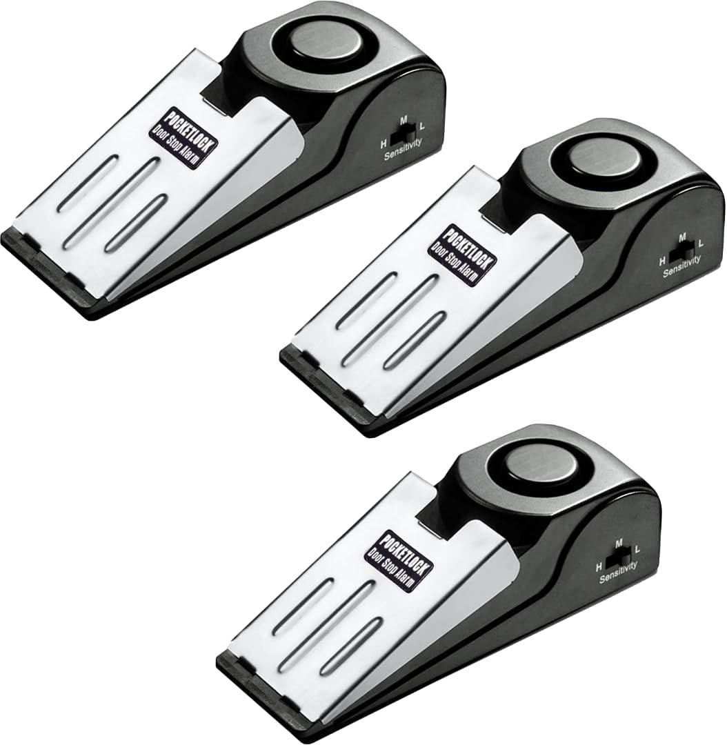 Door Stop Alarm with 120 dB Siren  Portable Travel Door Stopper Alarm Wedge for Hotel, Apartment & Dorm Security  Battery-Operated, Black, 3-Pack