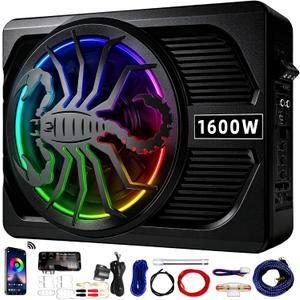 1600W Upgraded 10" Ultra-Slim Active Under Seat Car Subwoofer Built-in Amplifier & LED Lights | Distortion-Free Bass | Low Pass Filter, Gain & Bass Boost