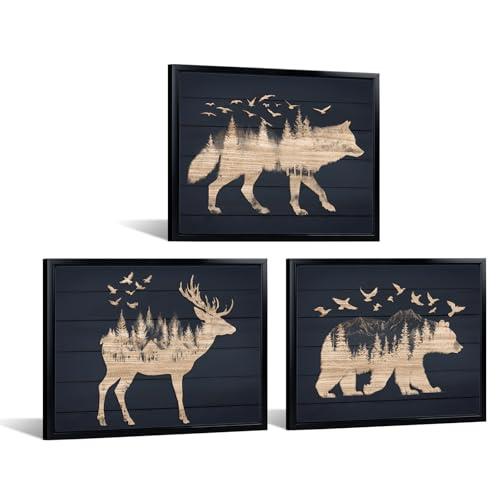 iKNOW FOTO 3 Piece Framed Animal Canvas Wall Art Set 12x16 Inch Rustic Wolf Deer Bear Prints Woodland Forest Silhouette Artwork with Black Frame for Living Room Bedroom Lodge
