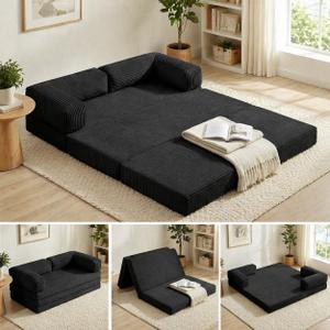 Convertible Sofa Bed Queen,5-in-1 Tri-Fold Boneless Couch with Removable Armrests & Handle,Corduroy Futon Sleeper Sofa,Floor Folding Mattress Pull Out Bed for Small Space Living Room Bedroom, Black-queen, Queen-81.5"L x 60"W