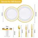 Goodluck 600 Pieces Gold Disposable Plates for 100 Guests, Plastic Plates for Party, Dinnerware Set of 100 Dinner and 100 Dessert Plates, 100 Spoons, 100 Forks, 100 Knives, 100 Cups