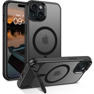 GUAGUA for iPhone 15 Magnetic Case with Adjustable Metal Kickstand, Compatible with MagSafe Slim Translucent Matte Shockproof Protective Phone Case for 6.1 Inch, Black