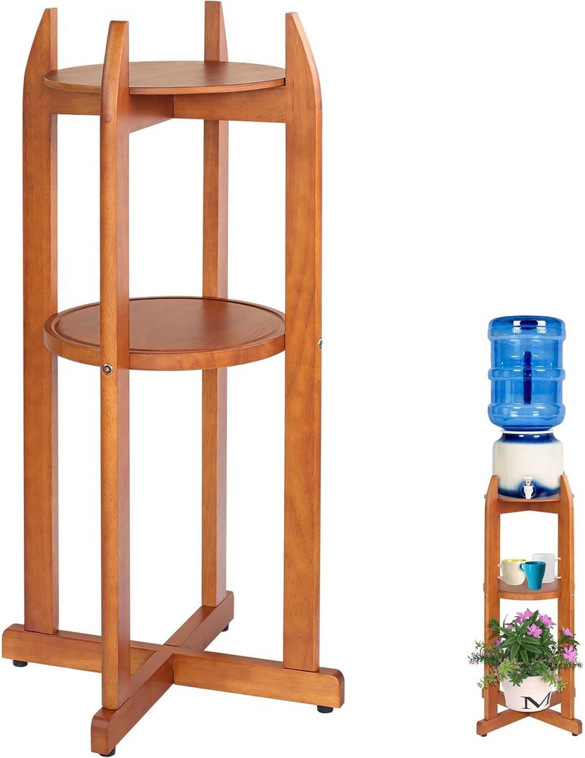 Natural Solid Wood Water Dispenser Floor Stand(32.8" Hight-11.2" Wide) Drink Dispenser Floor Stand with 2 Round Shelfs Included for 1-5 Gallon Water Bottles/Crocks, Water Jug and Plant Stand-Light (Light Brown Color)