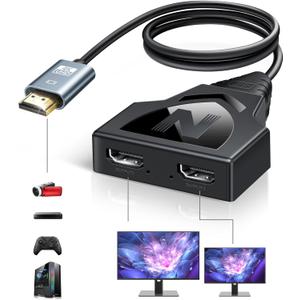 HDMI Splitter 1 in 2 Out with HDMI 2.0 Cable(Can't Extend Display)-Mirror Only, 4K HDMI Splitter 1 Male to 2 Female Adapter, (Need Power Adapter 5V 1A), Supports 1080P 3D for HDTV, PS3, Monitor (Cyan)