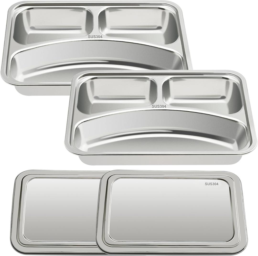 VENTION Child Stainless Steel Rectangular Divided Plates, 3 Sections Dinner Plates, Serving Tray with Lid Set of 2