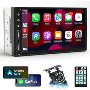 Leadfan Double Din Car Stereo Radio Support Apple Carplay & Android Auto, 7inch HD Touchscreen Double Din Radio with Bluetooth, Car Audio Receivers, Camera, Mirror Link, FM Radio, 2 USB/TF/AUX/Subwoofer