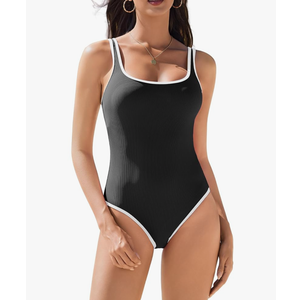 AI'MAGE Womens One Piece Swimsuit Ribbed High Cut Bathing Suit Color Block Sport Swimwear with Adjustable Strap S-2XL, Size M, Black and White