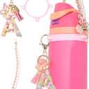 TOVICE Letter Accessories for Owala Water Bottle 24-40oz, 3PC Cute Initial Keychain & Water Bottle Handle Strap with a Thick Elastic Silicone Ring Holder (Pink)