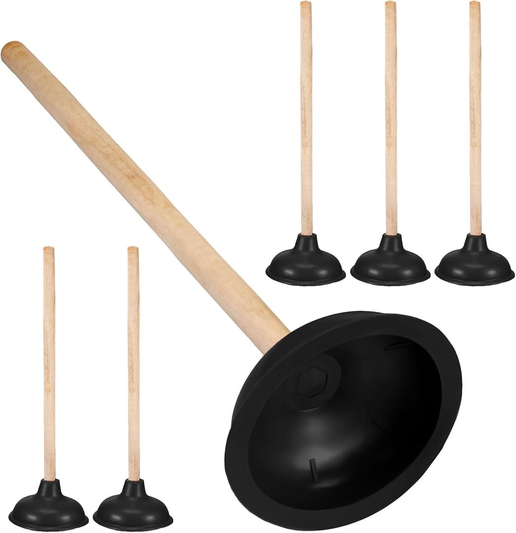 Lallisa Toilet Plungers with 18 Inch Long Wooden Handle Force Suction Cup Rubber Plunger for Bathroom Heavy-Duty Strong Sink to Fix Clogged Toilets Drains Sinks(Black,6 Pcs)