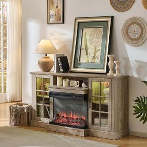 ROCKPOINT 3 Sided Glass 59" Fireplace TV Stand for TVs up to 65inch, Media Entertainment Center with Glass Door Storage Cabinet, 24" Electric Fireplace with LED Light and Flame Colors, Grey