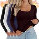 Huukeay 4 Pack Women's Thermal Long Sleeve Shirt Square Neck Fleece Slim Warm Winter Tops Casual Fashion Base Layer(Black, White, Navy Blue, Wine Red,Large)