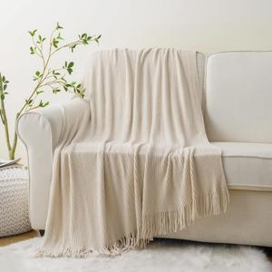 BATTILO HOME Beige Throw Blanket for Couch, Soft Chenille Knit Throws with Tassels for Home Decor, Spring Beige Throws for Couch Cover, 50"x60"