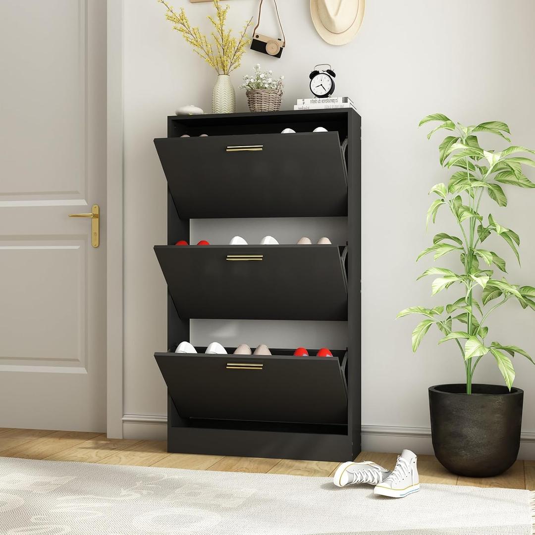 Shoe Cabinet for Entryway Slim, Narrow Shoe Storage Cabinet with 3 Flip Drawers, Wood Hidden Shoe Storage, Freestanding Shoe Organizer Cabinet for Hallway, Bedroom, Apartment, Black (1pc-black)