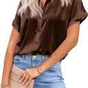 HOTOUCH Silk Button Down Shirts for Women Satin Short Sleeve V Neck Casual Work Office Blouse Tunic Tops (Small, Brown)
