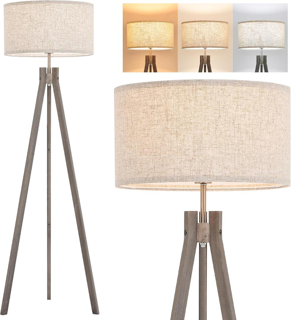ELYONA Farmhouse Wood Tripod Floor Lamp, Modern Reading Standing Lamp with 3 Color Temperatures LED Blub & Nature Linen Shade, Night Light for Living Room, Bedroom, Study Room, Office, Grey