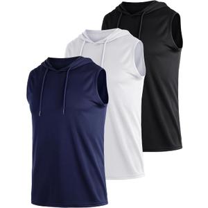 3 Pack Men's Dry Fit Moisture Wicking Tech Quick Dry Sleeveless Shirts Mesh Hoodie Active Athletic Tank Tops (Medium, Black White Blue)
