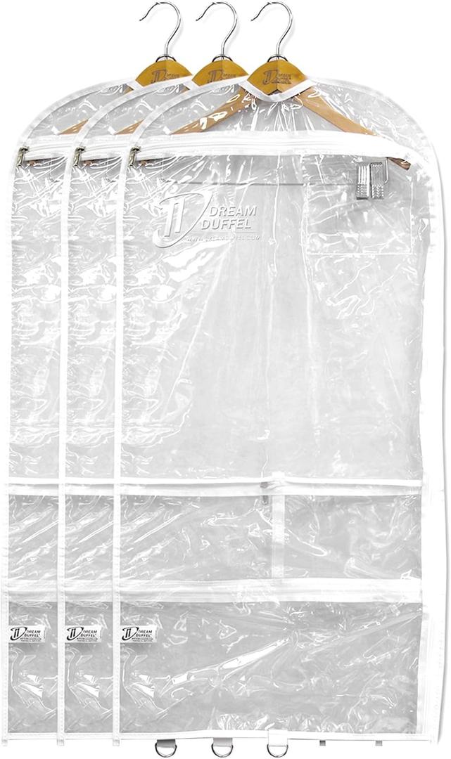 Clear Garment Bags for Dance Costumes 3-Pack, Regular-Size, Side Zipper Entry, Storage Pockets for Shoes & Accessories, Size 37”x18”, Dream Duffel |  Non-Gusseted Regular-Size 37"x18"