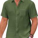 Runcati Mens Casual Shirts Button Down Short Sleeve Lightweight Linen Shirt Summer Beach Tops with Pocket (X-Large, Army Green)