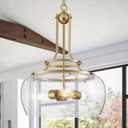WUZUPS Chandelier Rustic Farmhouse Industrial Round Ceiling Pendant LED Light Fixture Clear Seeded Glass Shade for Dining Room Kitchen Island Foyer Entryway, H 20.9" x W 15.9", Gold (Pendant Light, Gold, 3-Light)