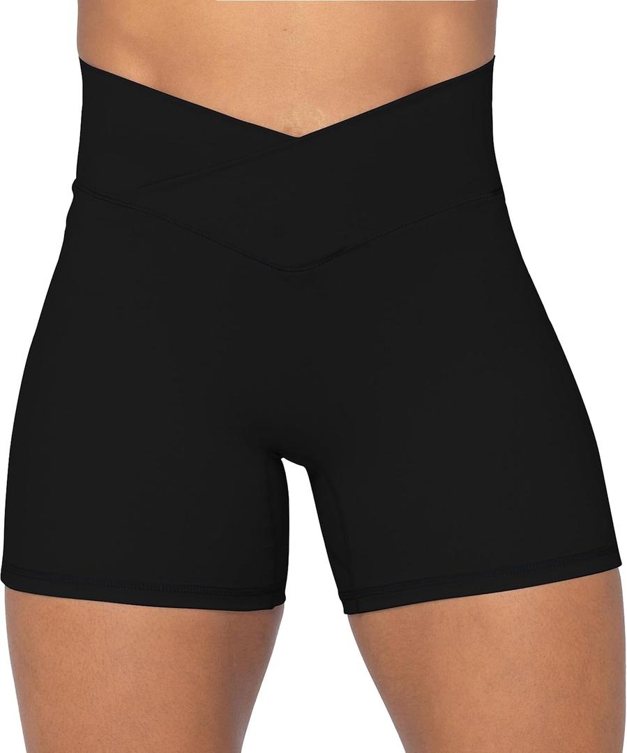 Sunzel Crossover Biker Shorts for Women, No Front Seam V High Waist Yoga Workout Gym Shorts with Tummy Control (Medium, Black)