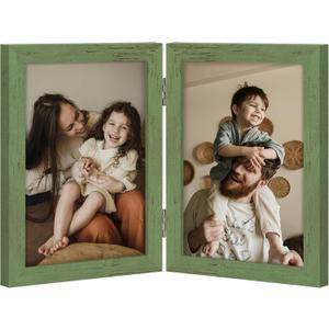 decorUhome Double 5x7 Picture Frame Vertical, Engineered Wood Bifold Photo Frame with Plexiglass for Tabletop Display, 5x7, Rustic Green