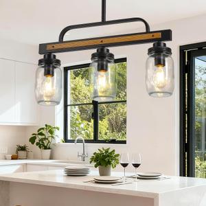 3-Light Farmhouse Dining Room Chandelier, Black Mason Jar Chandelier Lighting Fixture for Kitchen Island, Dining Table, Rustic Linear Cluster Hanging Pendant Light, Faux Wood with Glass Shade