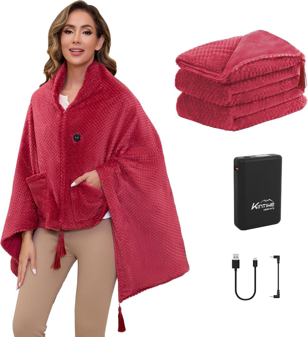 Heated Blanket Throw Battery Operated, Portable Electric Heated Poncho Shawl with Zipper and Pockets, 4 Heating Areas & 3 Heating Modes,Heating Blanket for Neck and Shoulders and Back,Red | 60'' x 40''