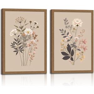 2pcs Framed Botanical Canvas Prints - Neutral Floral Wall Art With Wildflowers - Minimalist Nature Posters For Living Room, Bedroom, Office Decor -Modern Flower Picture 16x24in