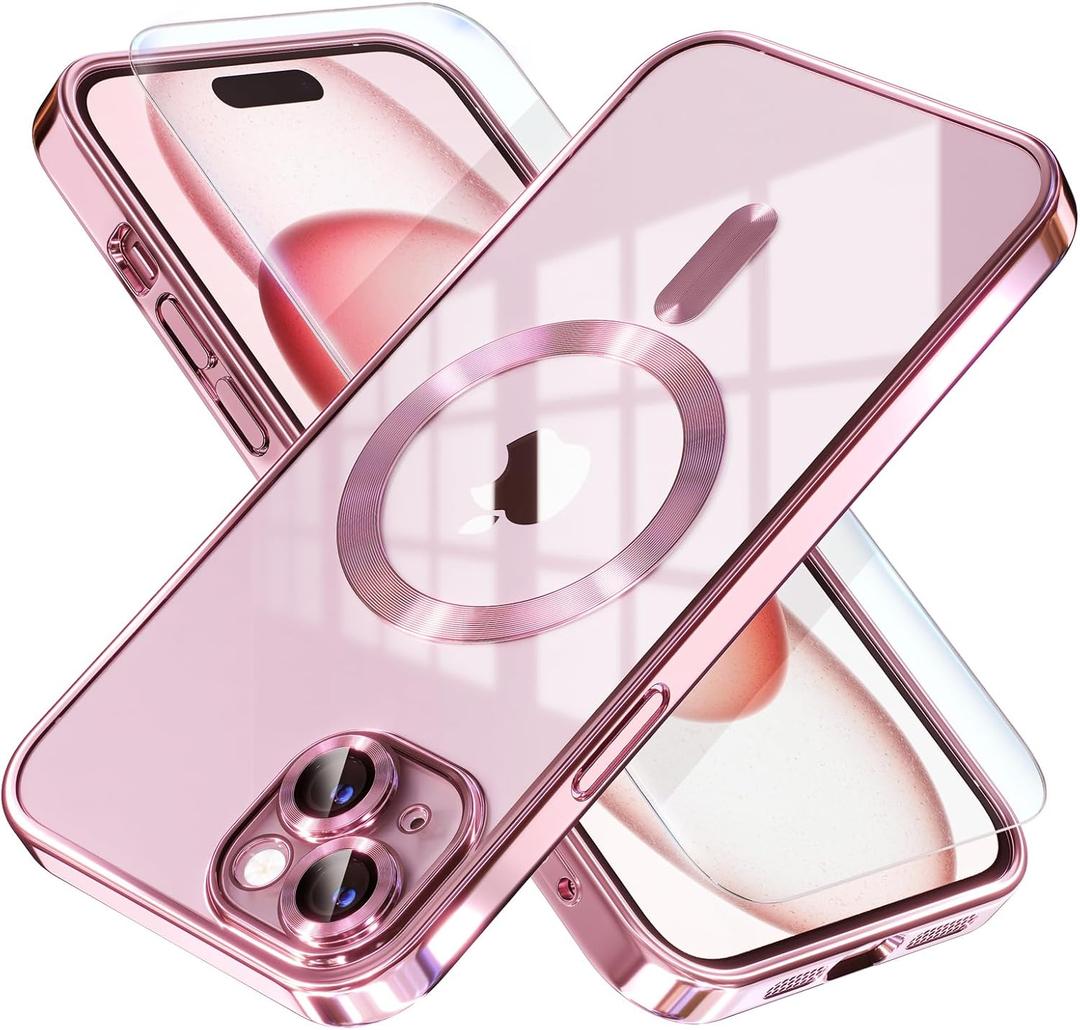 Misea Magnetic for iPhone 15 Case Compatible with MagSafe [Never Yellowing] [Military Grade Drop Protection] Full Camera Lens Protector Plating Soft Clear Phone Case for Women, Pink