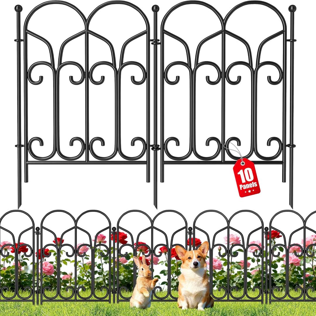 AMAGABELI 10 Panels 17in(H)10ft(L) Decorative Garden Fences and Borders for Dogs No Dig Rustproof Metal Fence Panels Garden Edging Border Animal Barrier Fencing for Flower Beds Yard Patio Decor Black