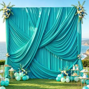 50ft12ft Turquoise Backdrop Curtains for Wedding Parties, 10 Panels Wrinkle Free Polyester Photo Backdrop Drapes Back Drop Cloth for Birthday Photography Background